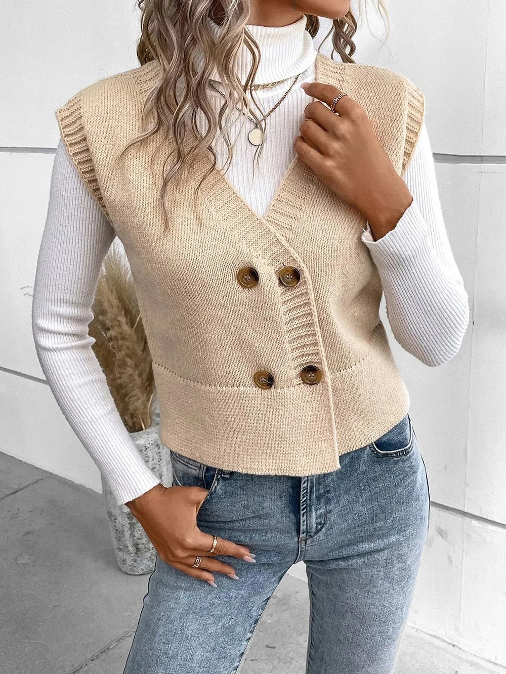 Full Size Button Up V-neck Sweater Vest (2)