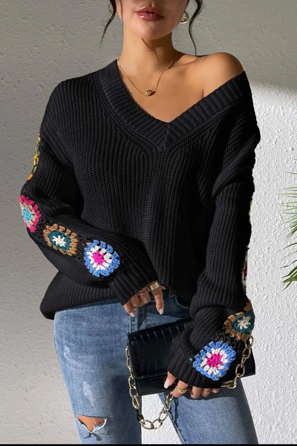 Crochet Flower V-neck Sweater (12)