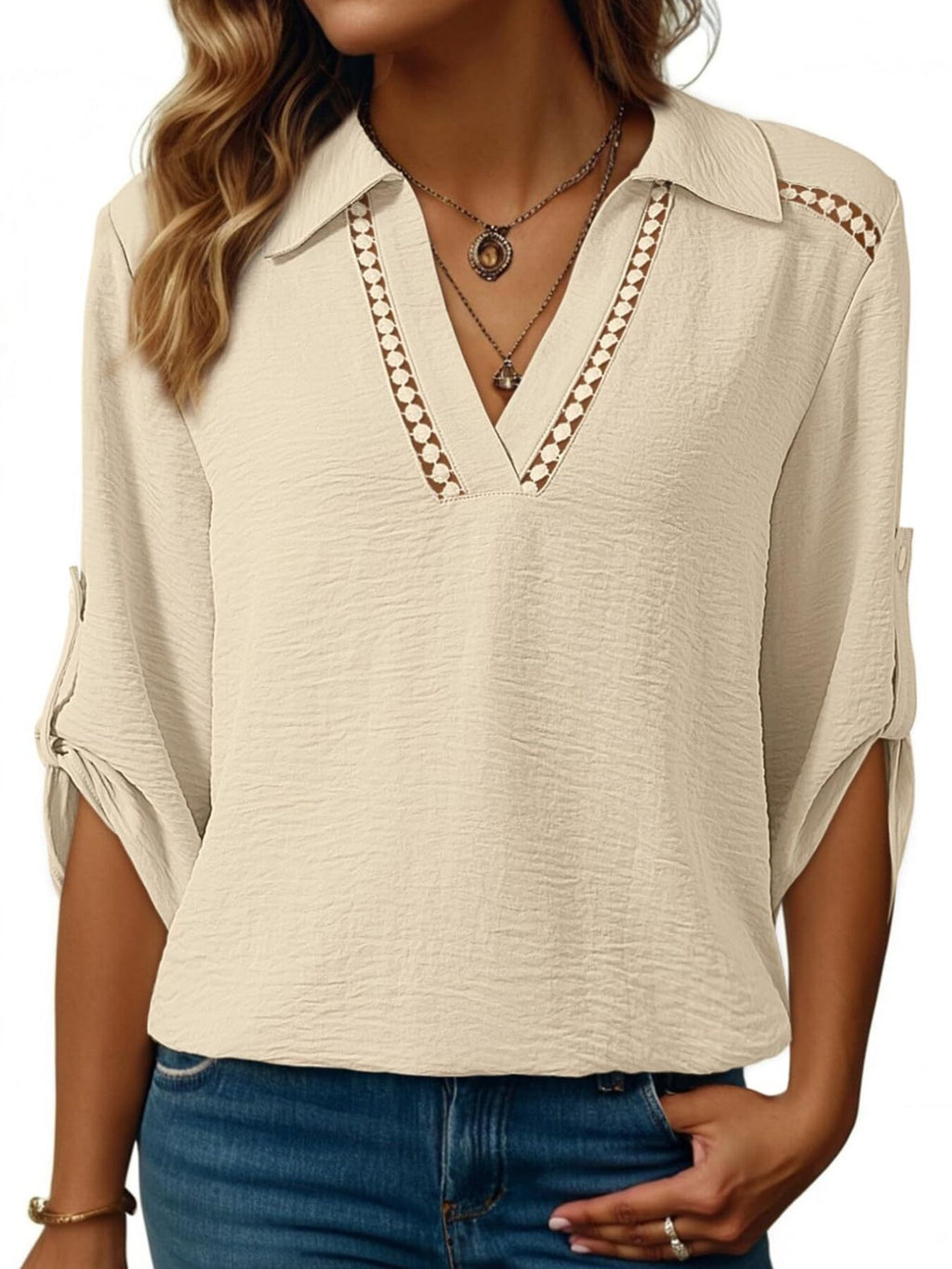 Johnny Collar Roll-up Sleeve Blouse (11)