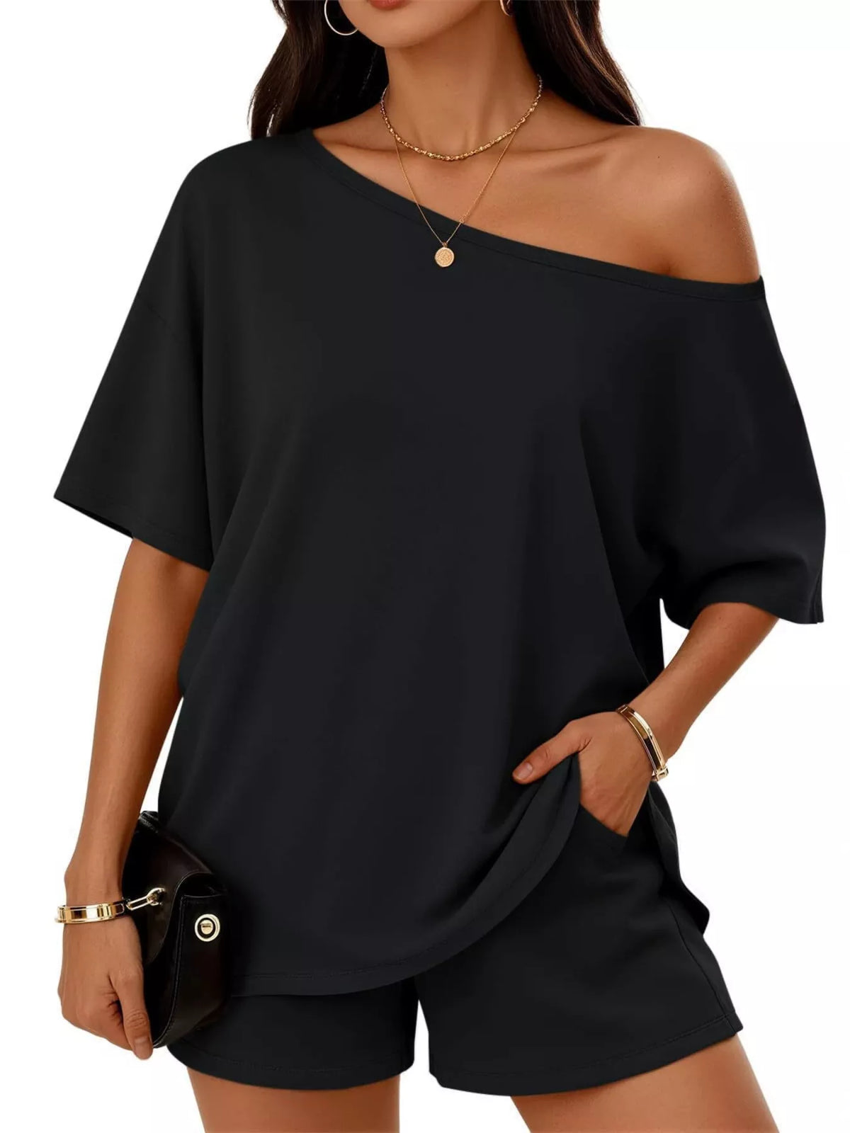 Full Size One Shoulder Top Shorts Set Plus (6)