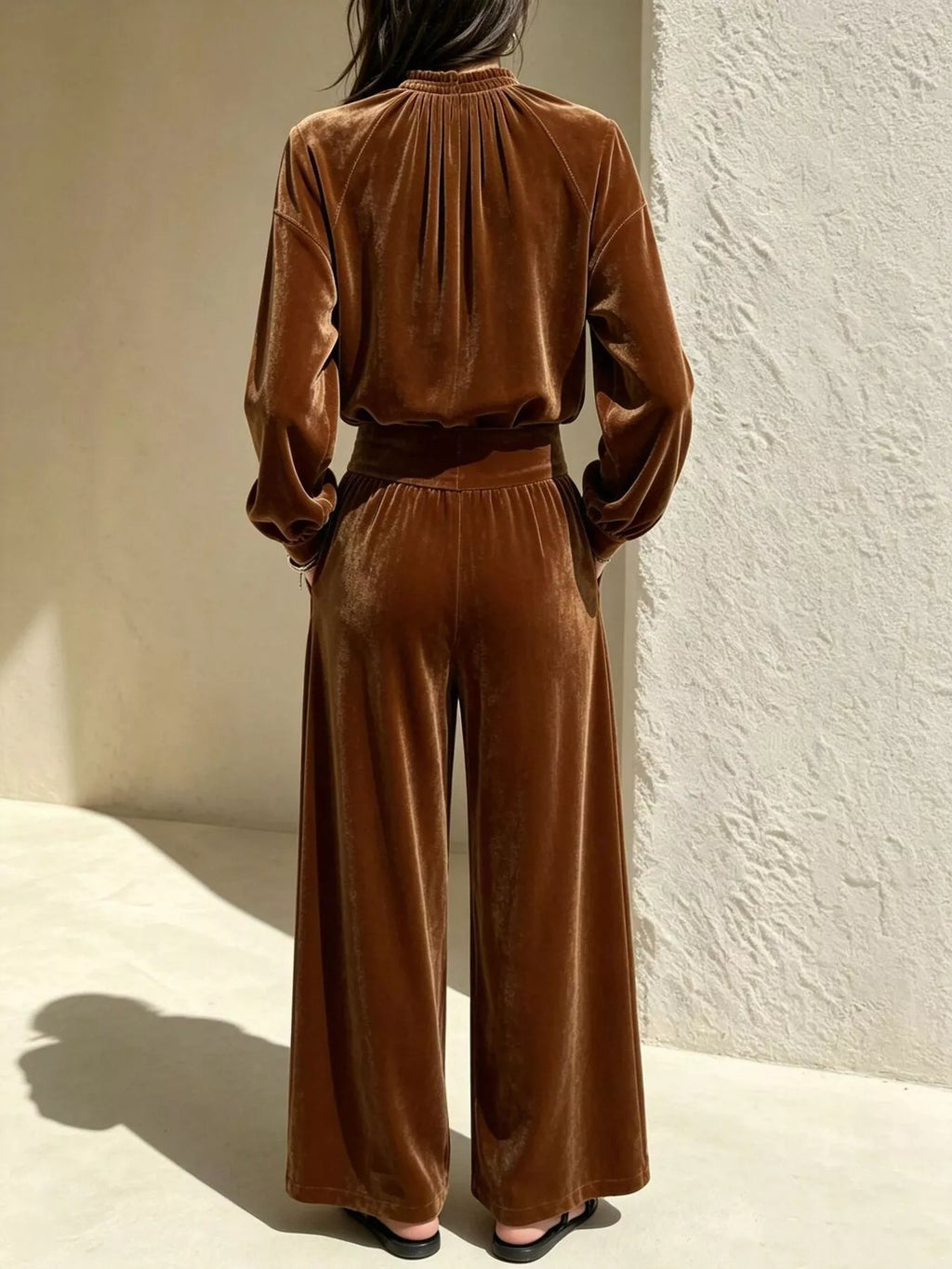 Velvet Mock Neck Long Sleeve Top Wide-leg Pants Set (8)