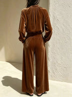 Velvet Mock Neck Long Sleeve Top Wide-leg Pants Set (8)