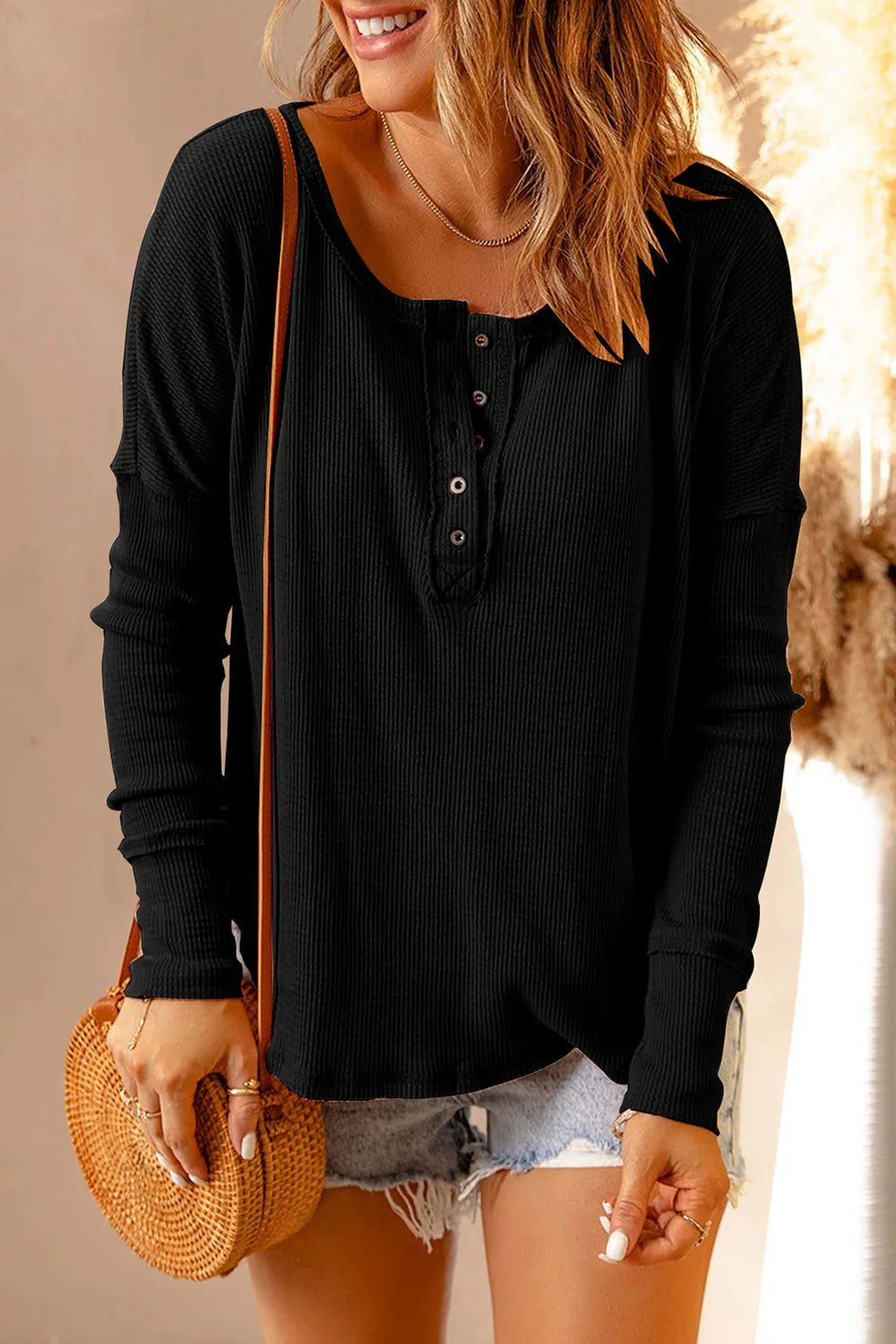 Full Size Half Button Drop Shoulder T-shirt (5)