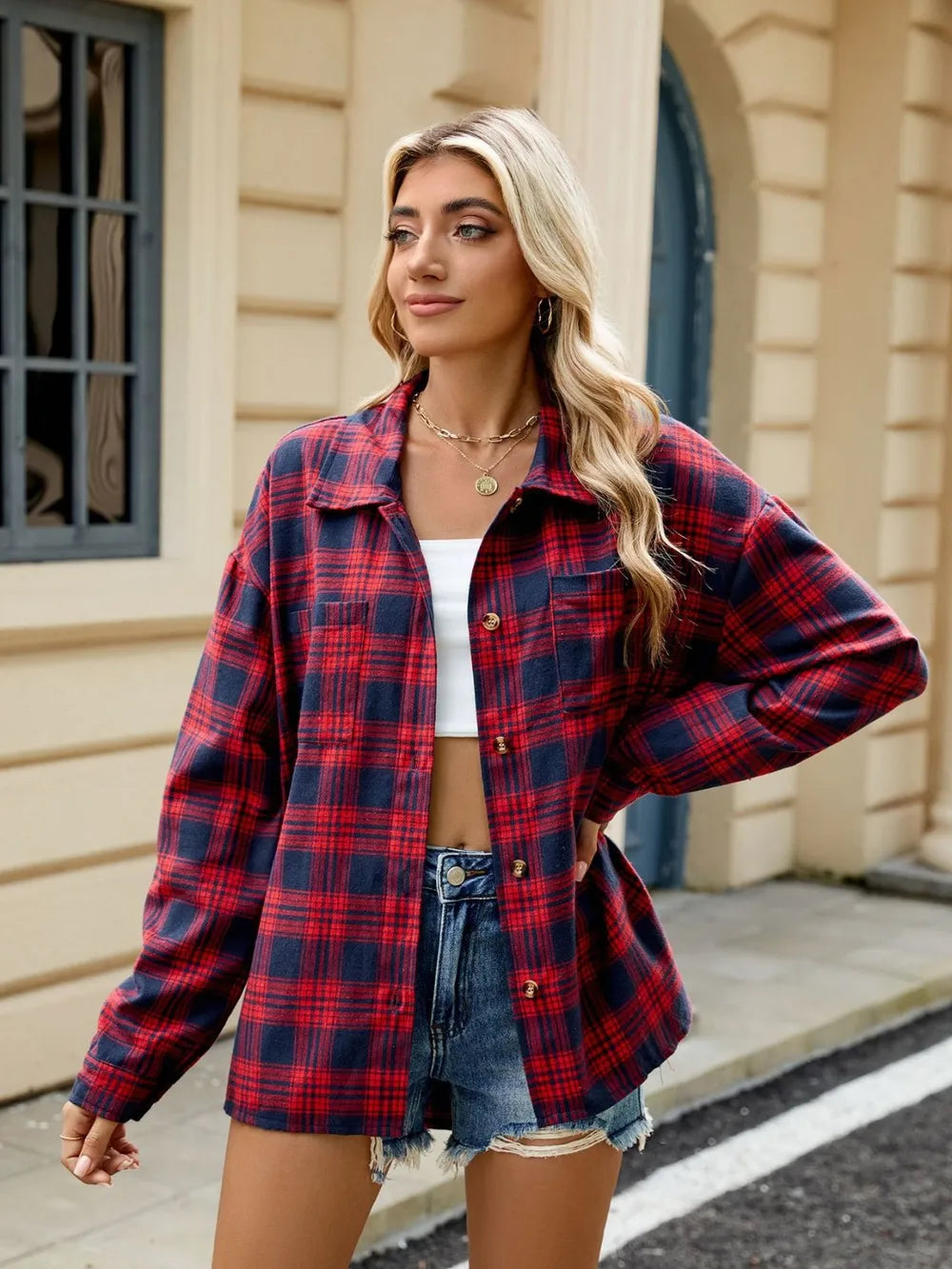 Plaid Collared Neck Long Sleeve Shirt (23)