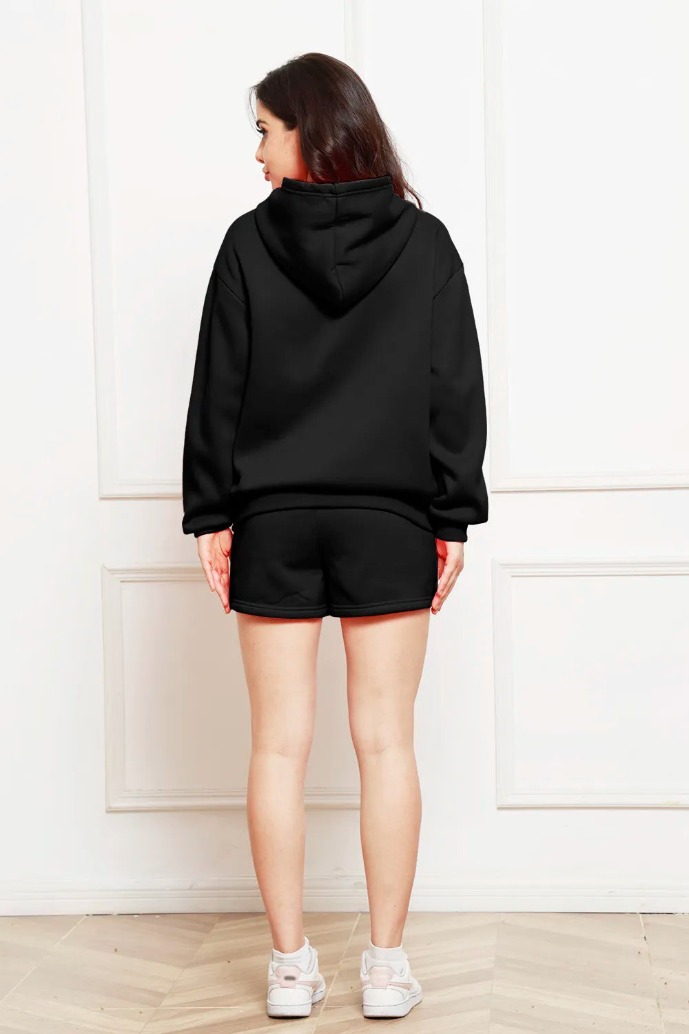 Drop Shoulder Long Sleeve Hoodie Shorts Set (6)