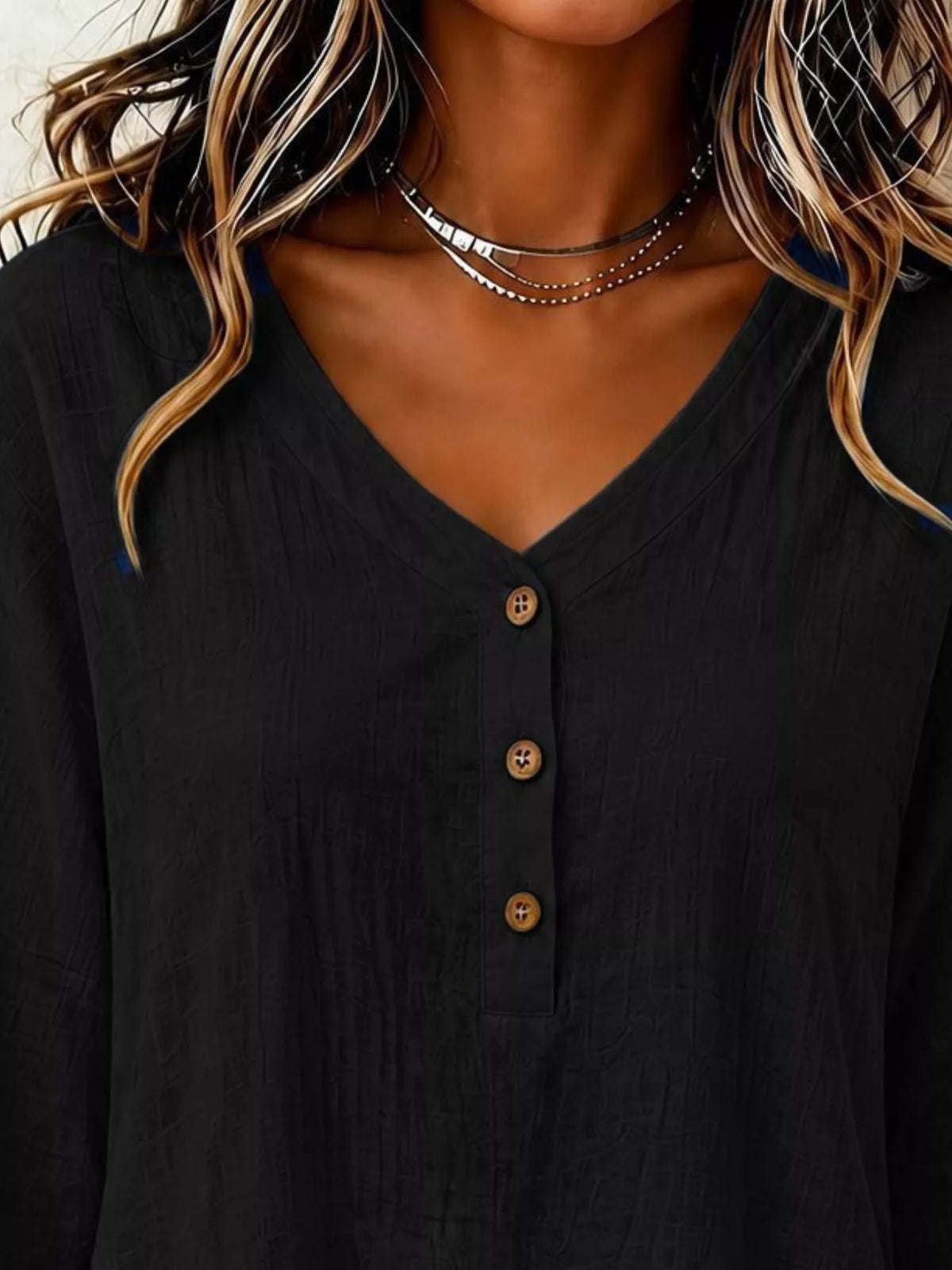 V-neck Long Sleeve Button Detail Ruffled Hem Blouse (20)