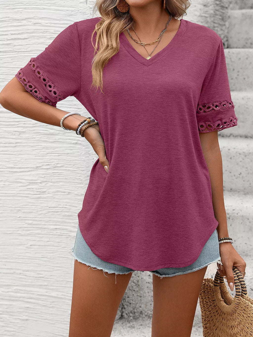 V-neck Hollow-out Sleeve T-shirt (21)
