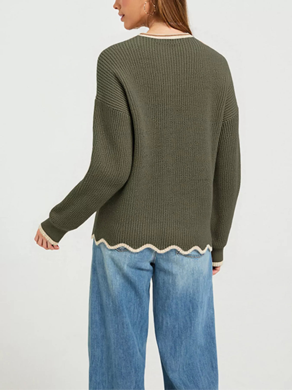 Contrast Trim Scalloped Hem Ribbed Knit Sweater (7)