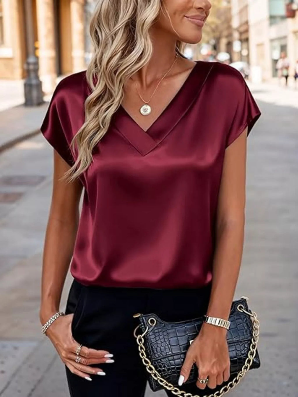 Satin V-neck Short Sleeve Blouse (8)