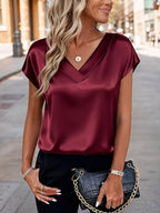 Satin V-neck Short Sleeve Blouse (8)