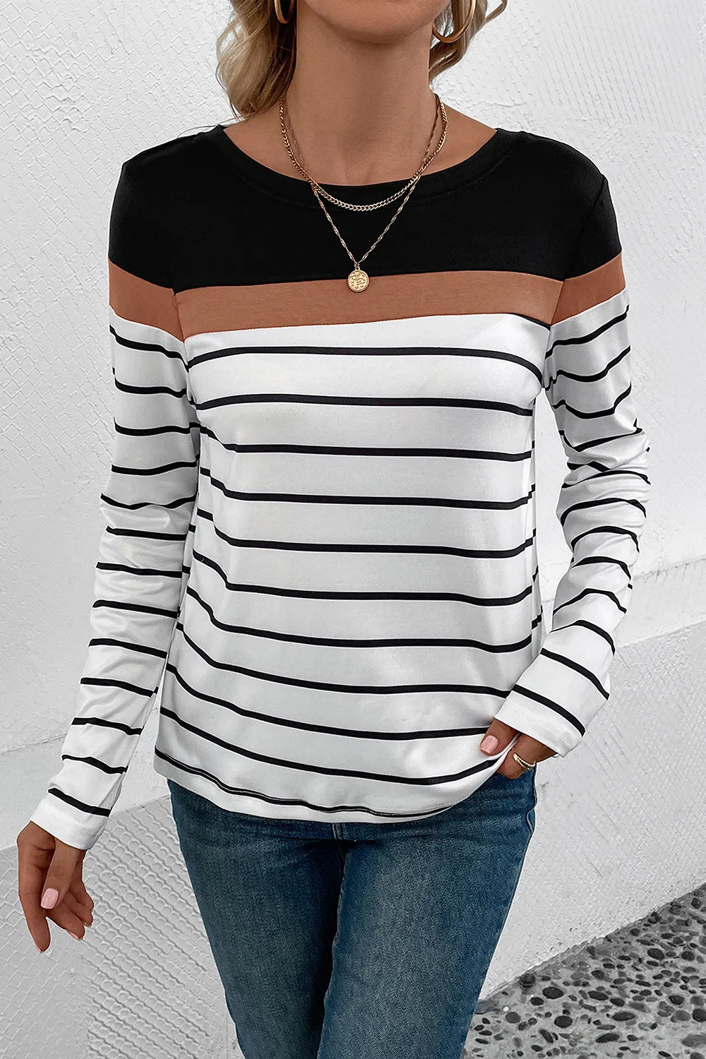 Striped Round Neck Long Sleeve T-shirt (4)