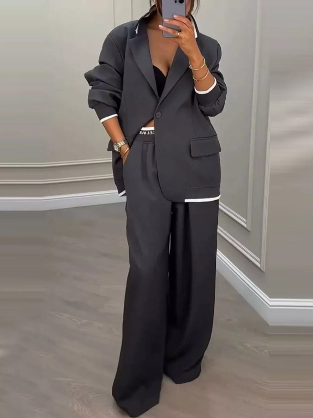 Full Size One Button Blazer Wide-leg Pants Set Plus (9)