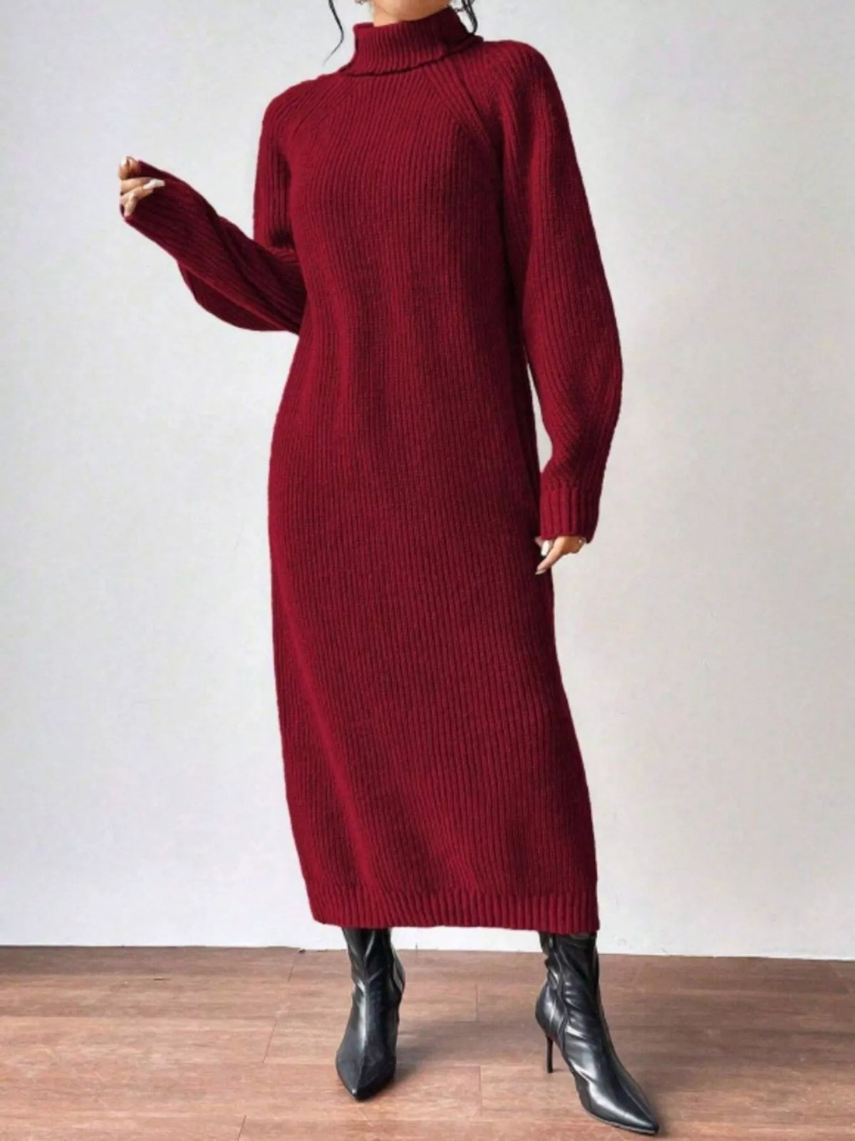 Turtleneck Ribbed Knit Midi Sweater Dress (6)