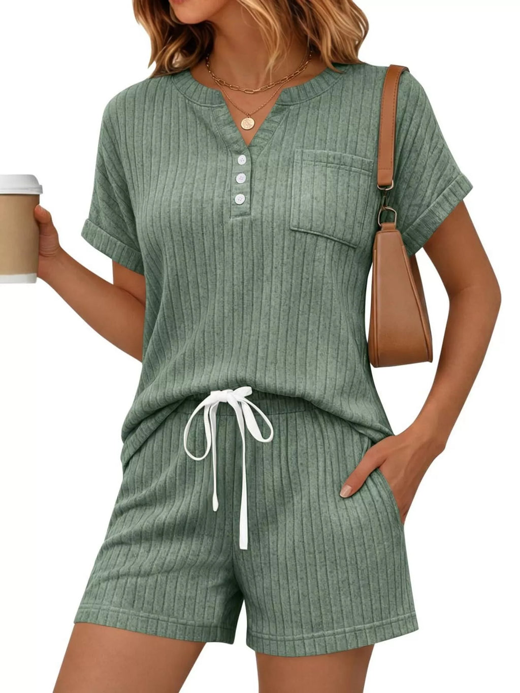 Casual Ribbed Knit Tee Shorts Set
