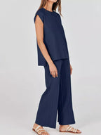 Casual Solid Color Cap Sleeve Top Pants Knit Set (12)