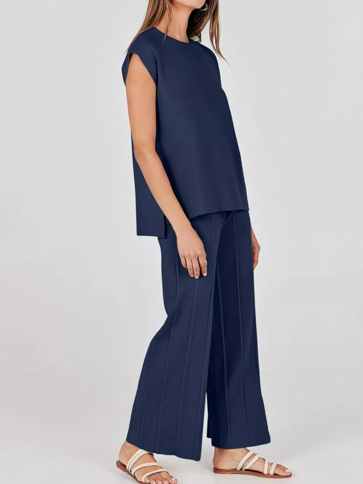 Casual Solid Color Cap Sleeve Top Pants Knit Set (12)