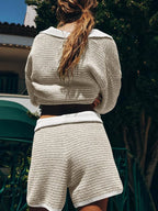 Collared Neck Contrast Striped Top Shorts Sweater Set (18)