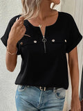 Casual Zipper Front Short Sleeve Blouse