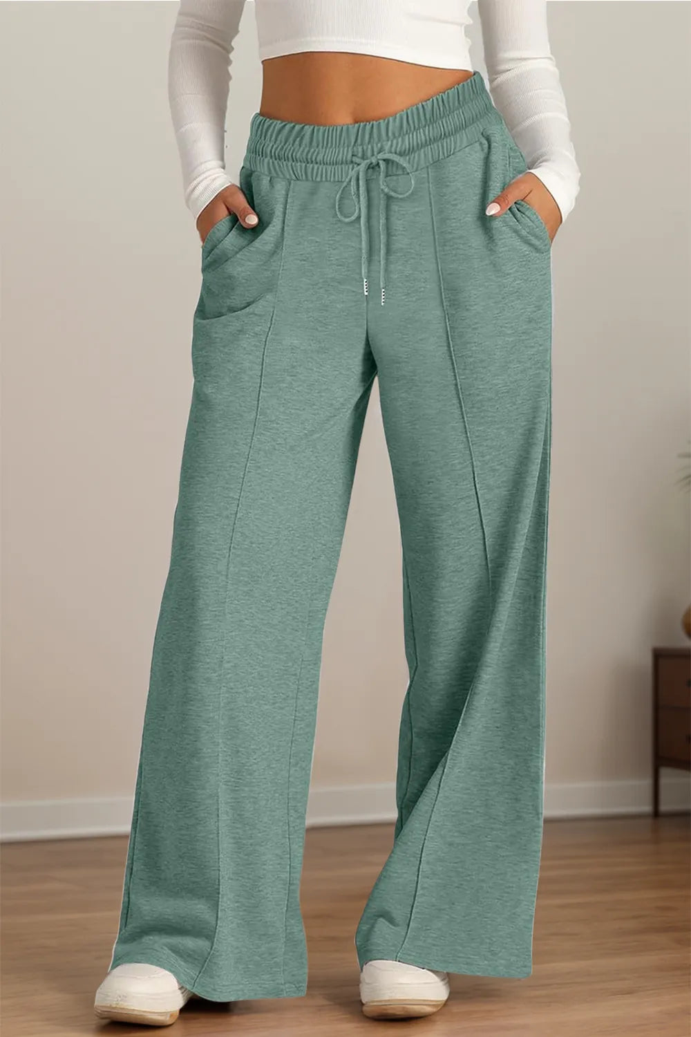 Drawstring Elastic Waist Wide Leg Pants (10)