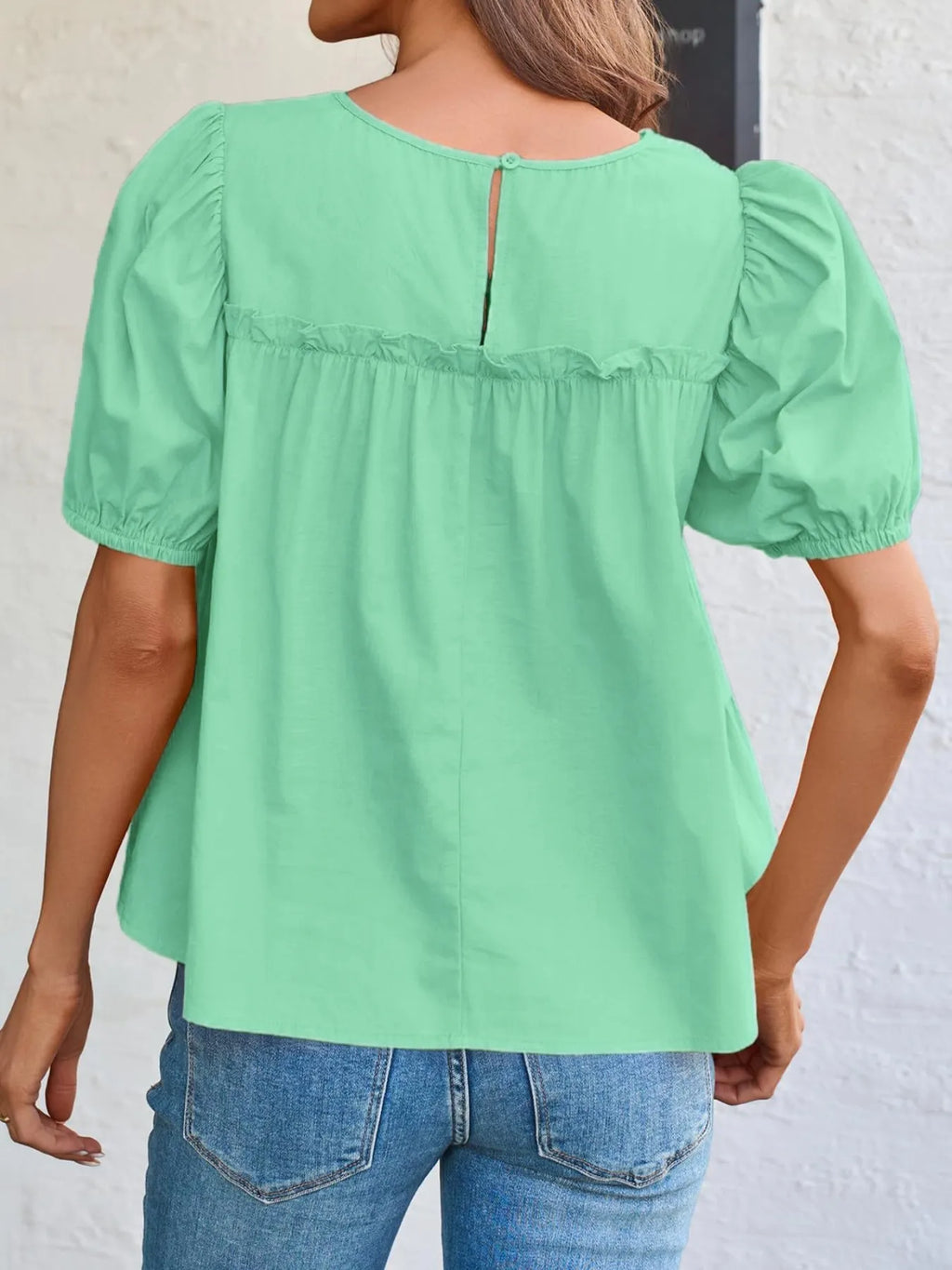 Round Neck Puff Sleeve Tiered Blouse (8)