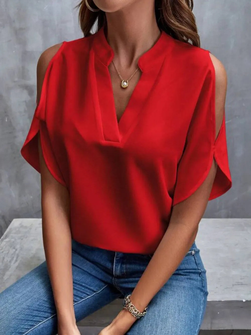 Notched Cold Shoulder Half Sleeve Blouse (15)