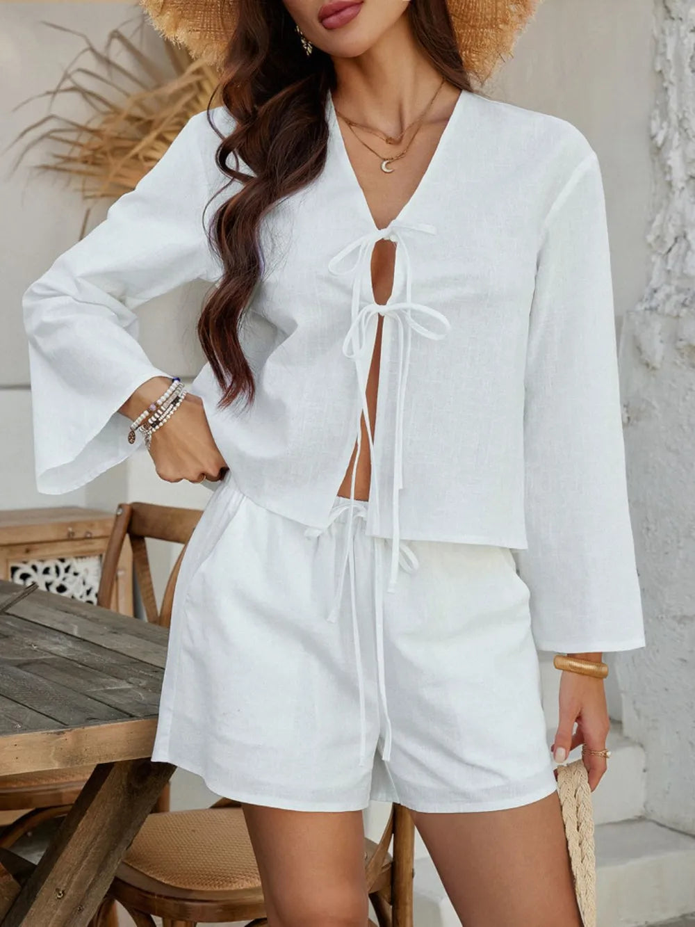 Double Tied V-neck Top Shorts Set (12)