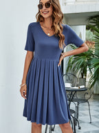 Pleated V-neck Short Sleeve Tee Dress (17)