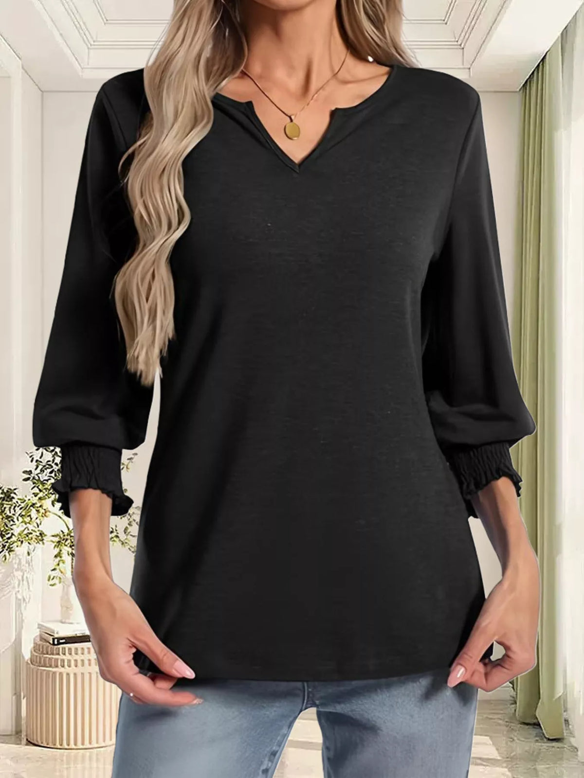 Full Size Notched 3/4 Sleeve Top Plus (6)