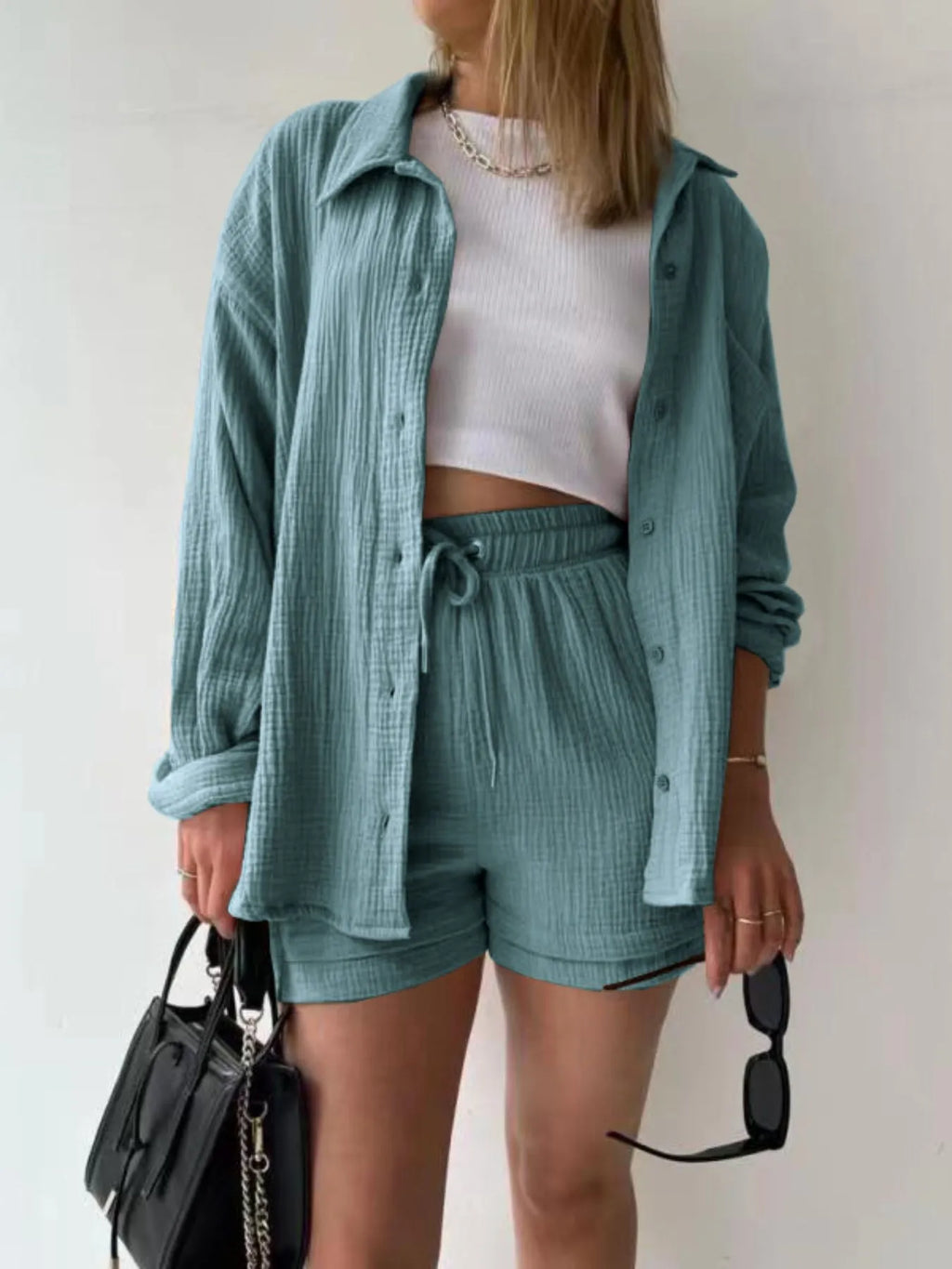 Textured Button Up Shirt Shorts Set (2)