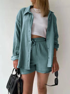Textured Button Up Shirt Shorts Set (2)
