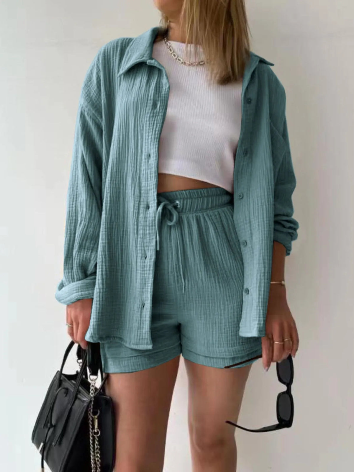 Textured Button Up Shirt Shorts Set (2)