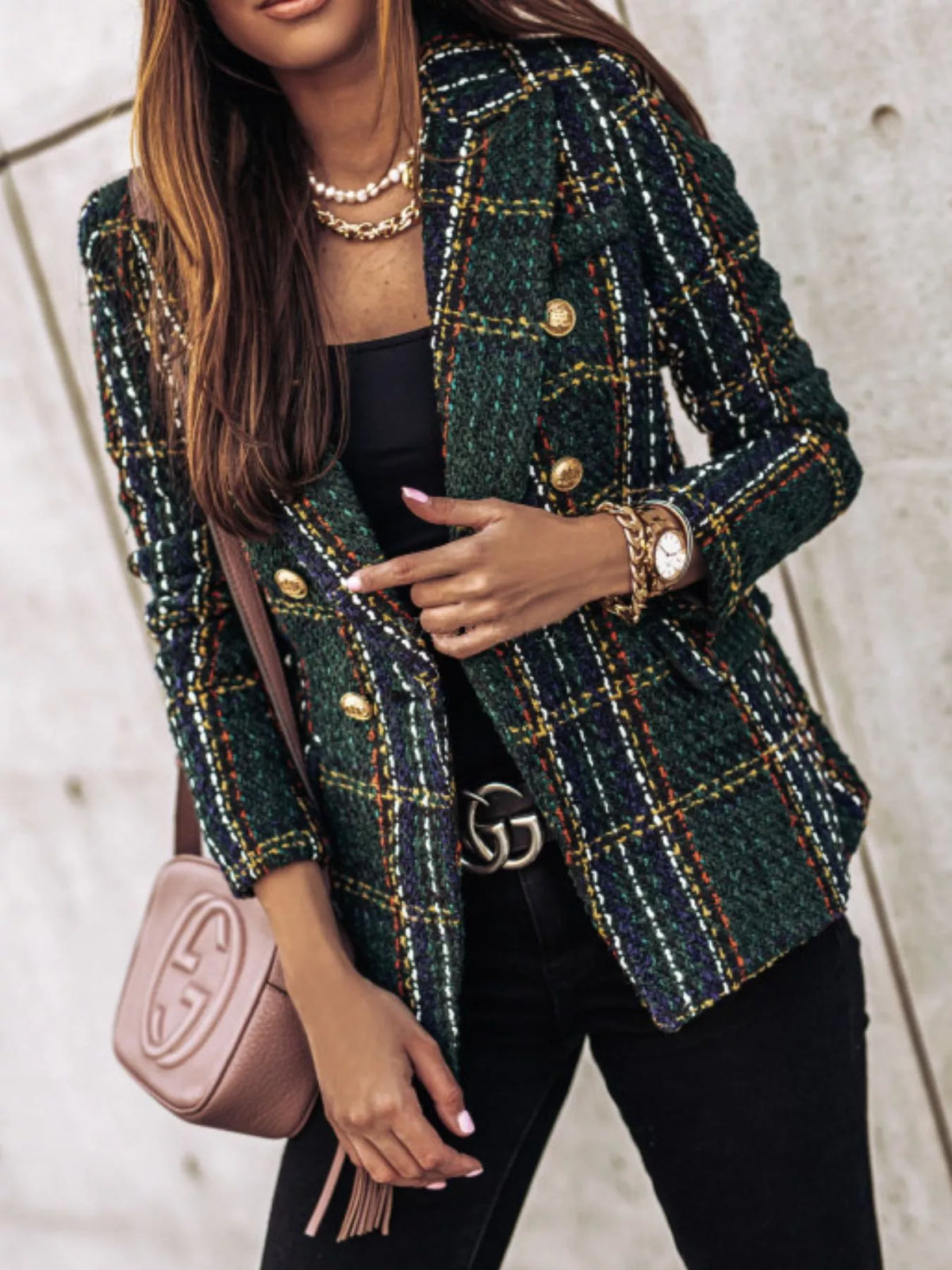 Full Size Plaid Tweed Double-breasted Blazer Plus (6)