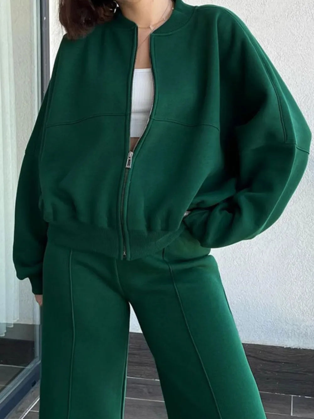Baseball Collar Zip Up Top Drawstring Paants Set (19)