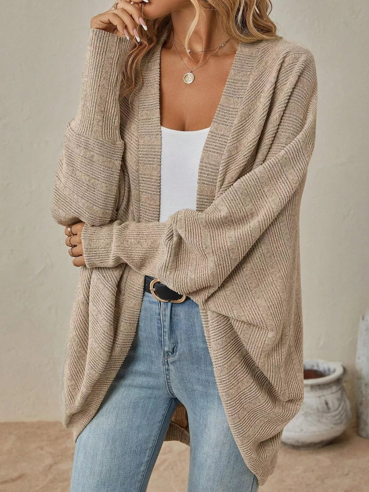 Casual Open Front Batwing Sleeve Ribbed Knit Cardigan (5)