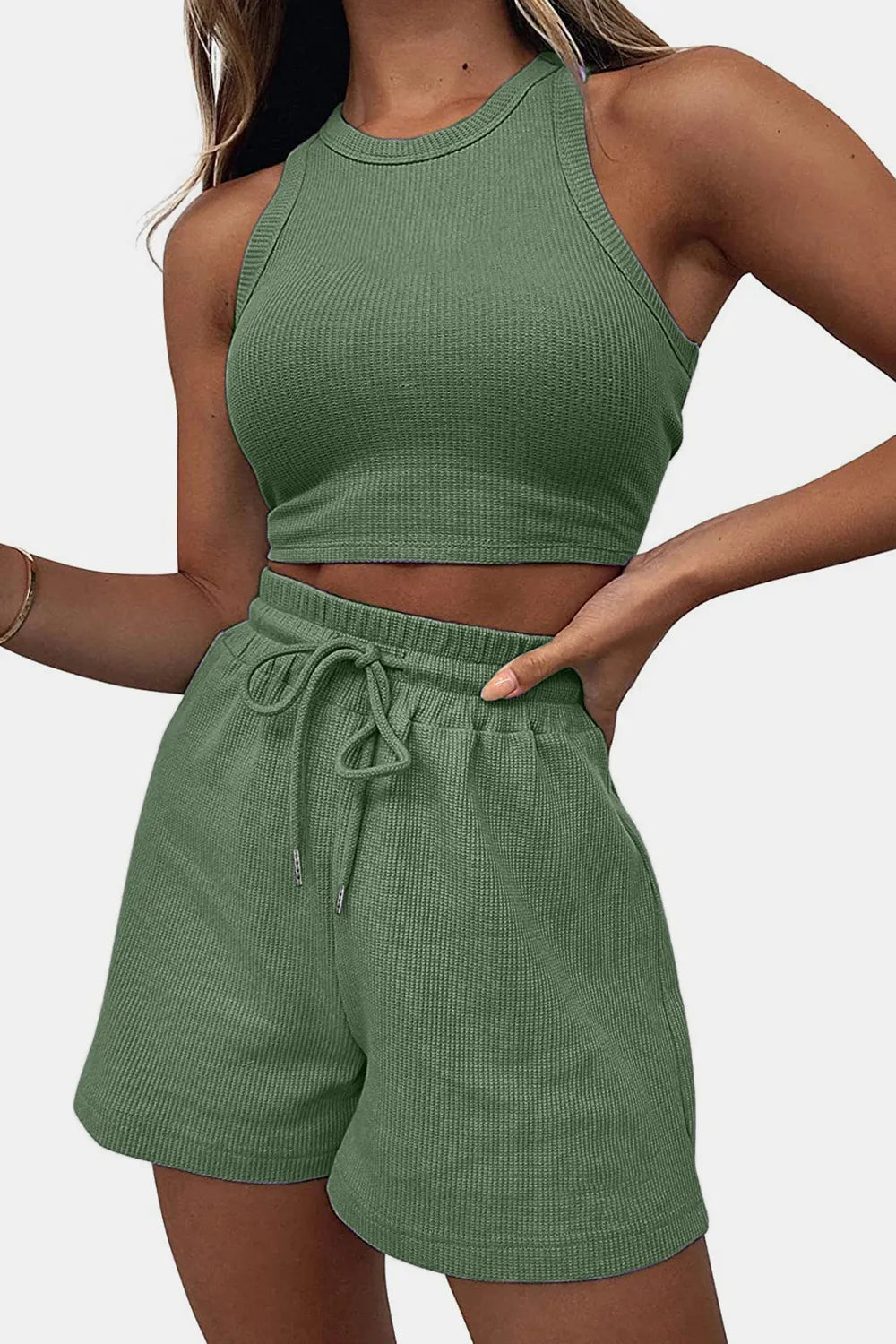 Round Neck Top Drawstring Shorts Set (5)