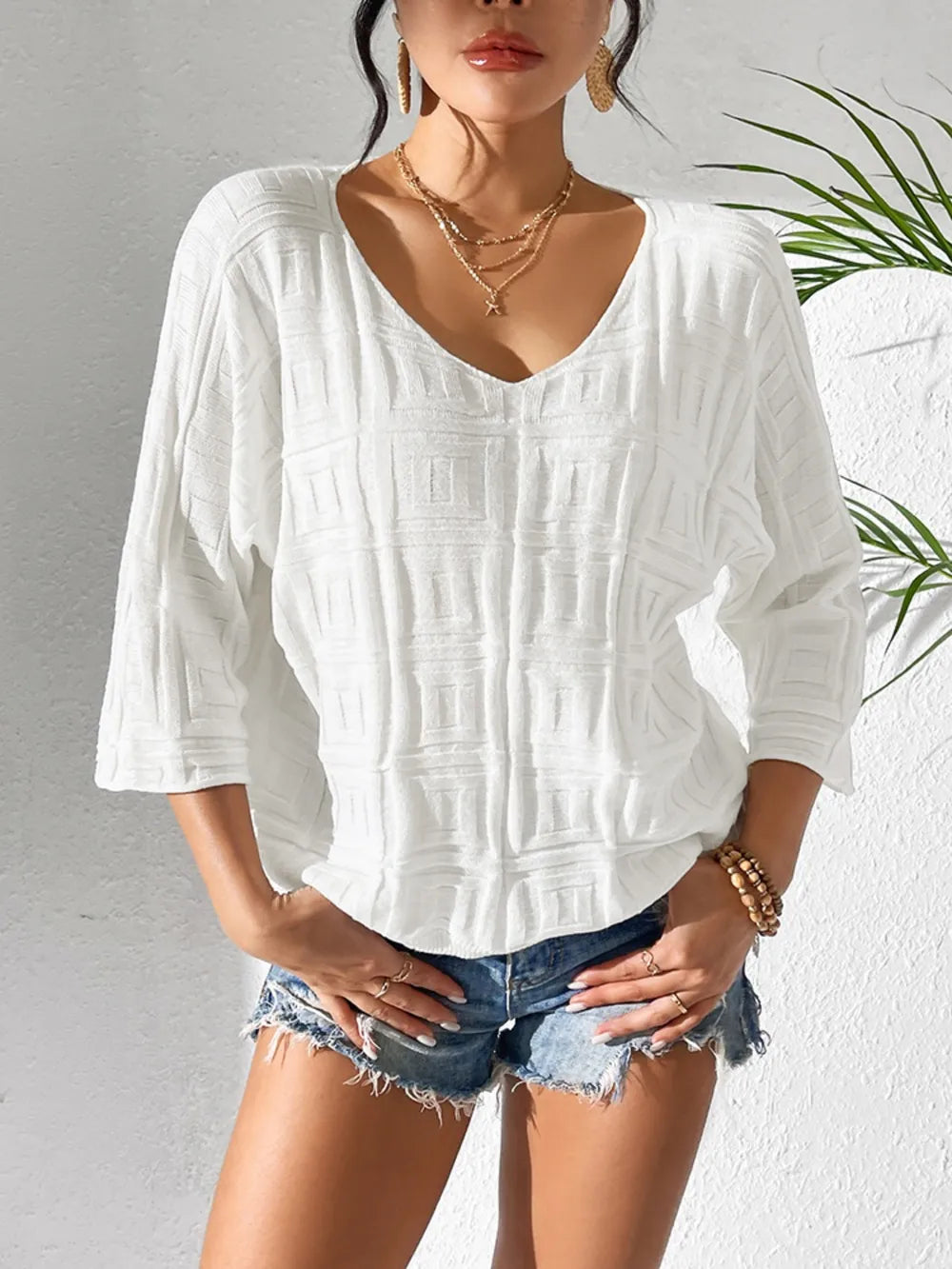 V-neck Three-quarter Sleeve Knit Top (5)