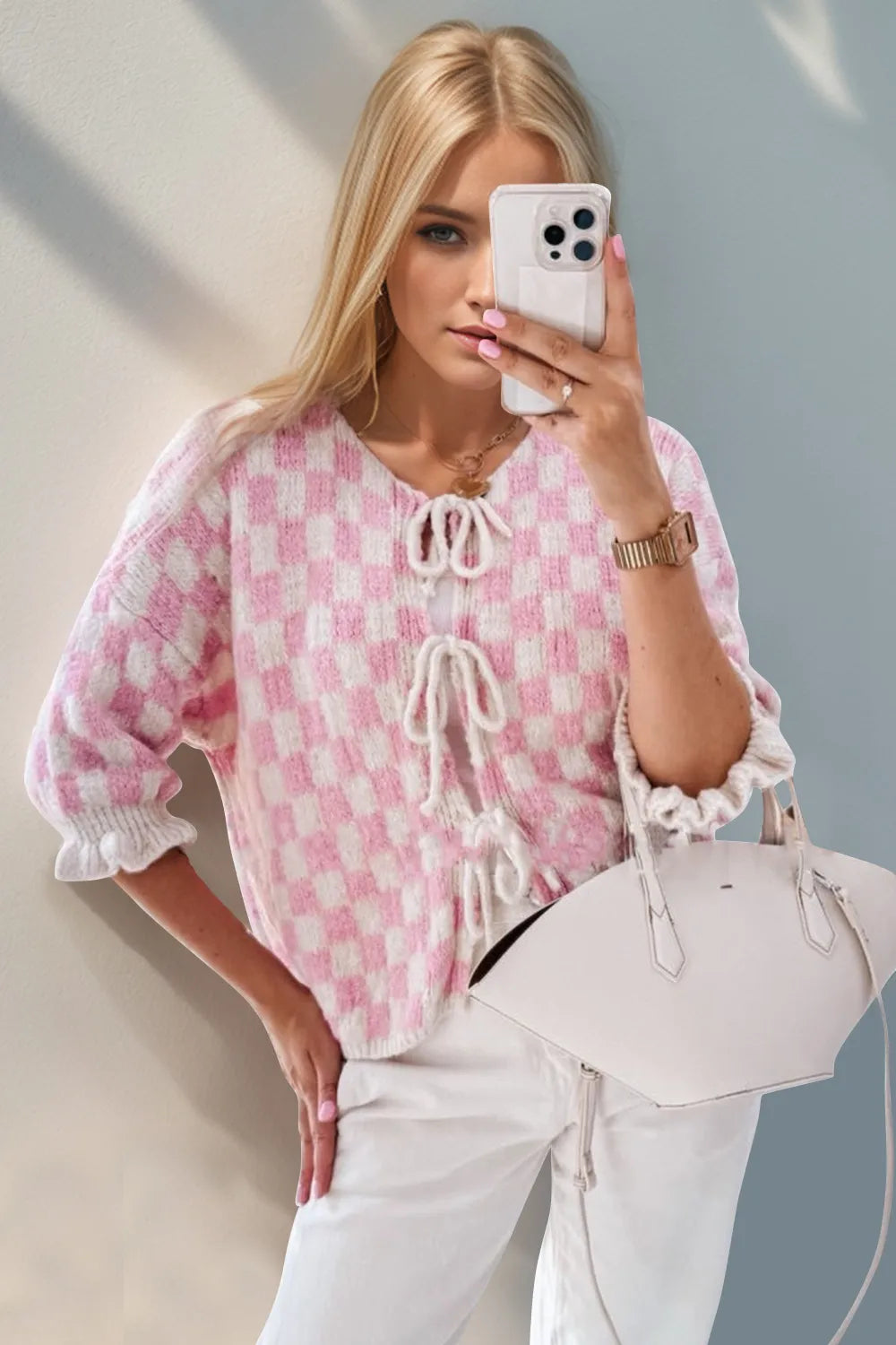 Tied Checkered Dropped Shoulder Flounce Sleeve Cardigan (18)