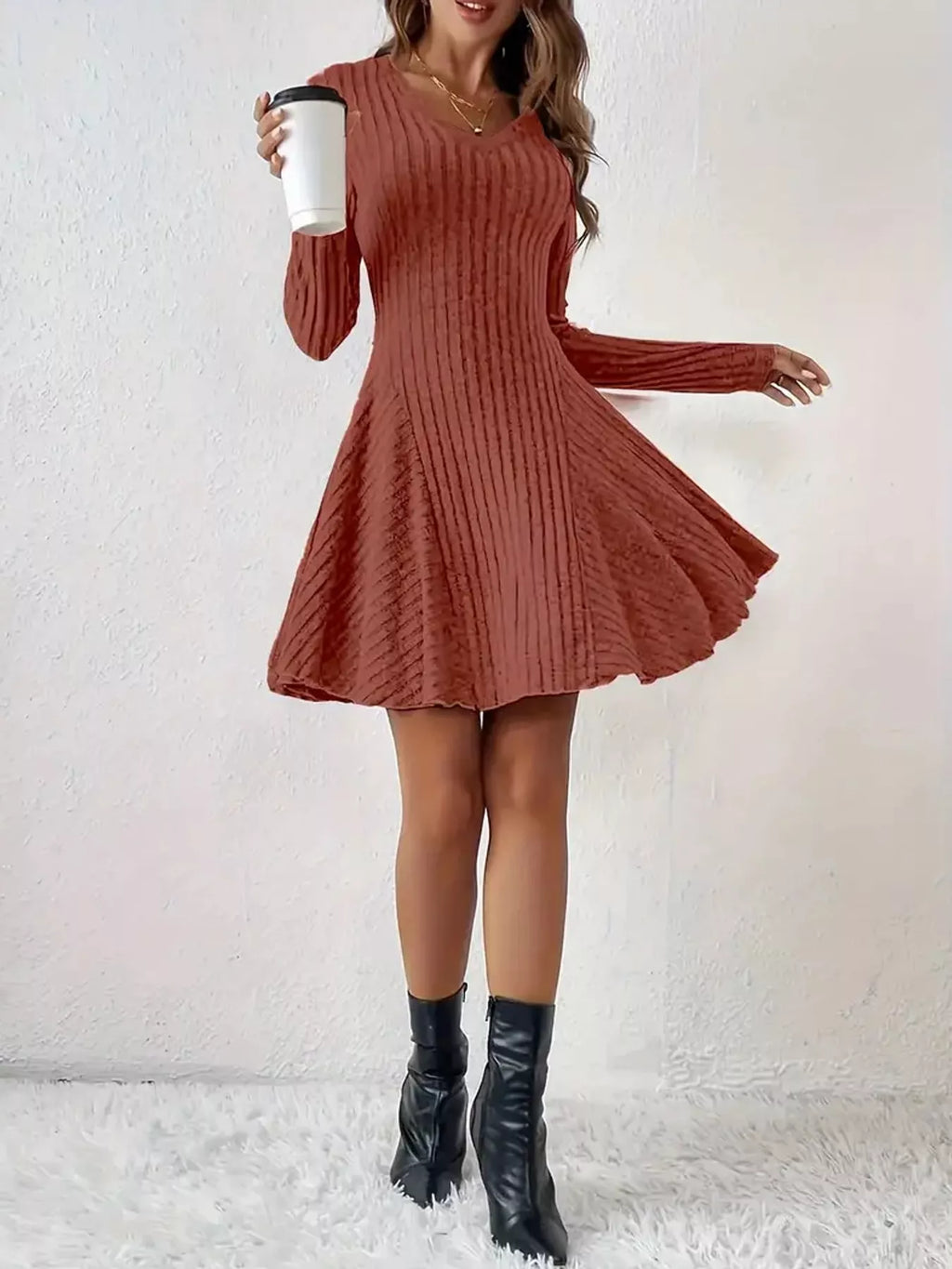 V-neck Ribbed Knit A-line Dress (17)