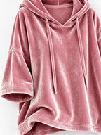 Full Size Velvet Half Sleeve Hoodie Drawstring Plus (19)