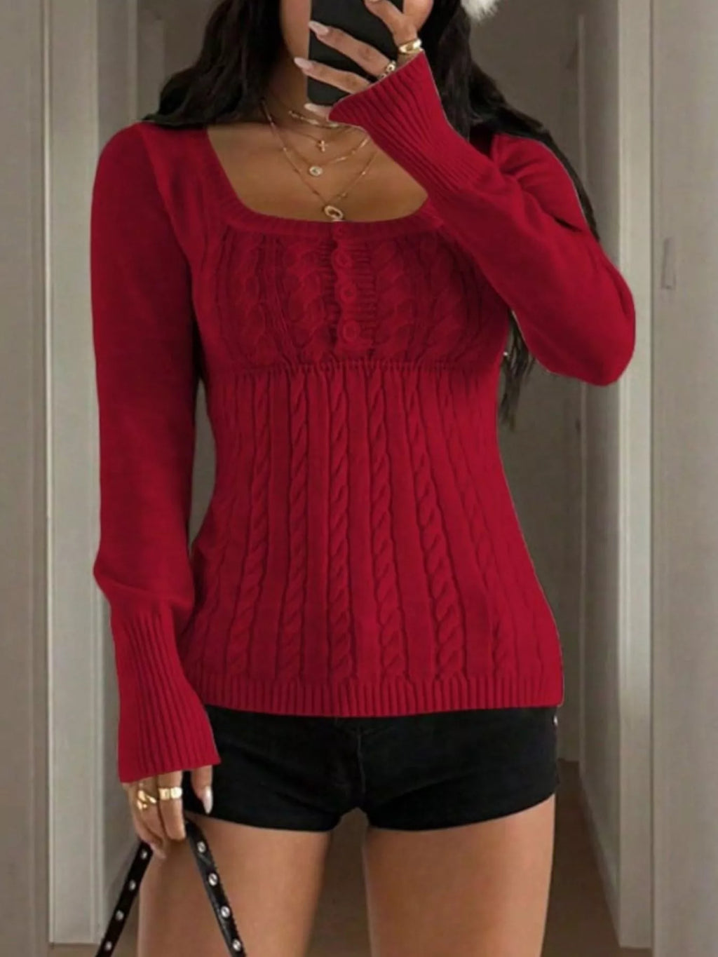 Cable Knit Button-front Fitted Sweater (15)