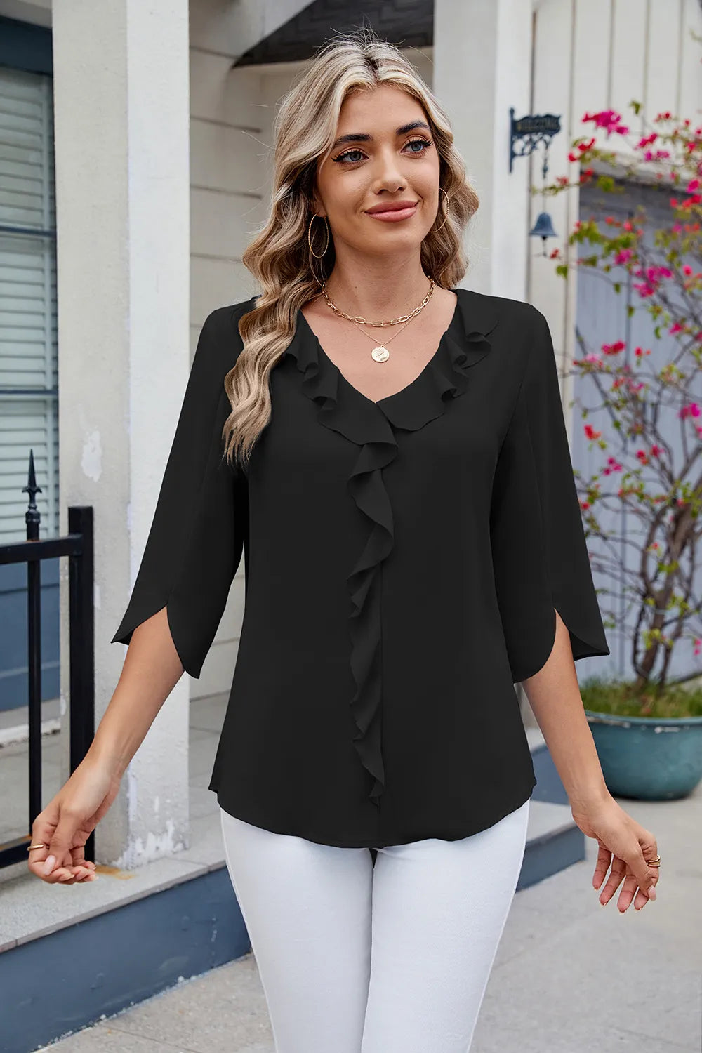 Ruffled V-neck Three-quarter Sleeve Blouse (23)