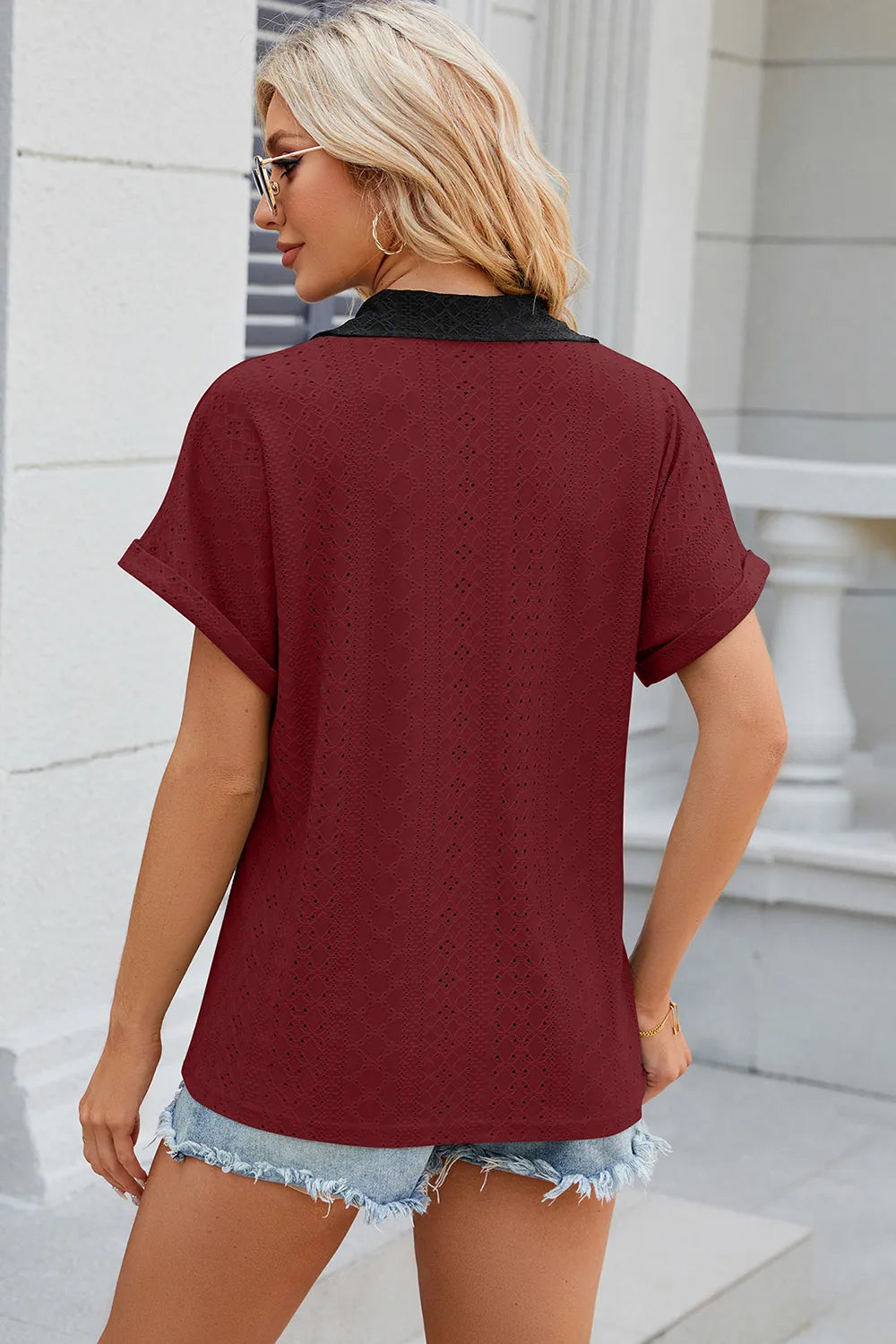 Eyelet Johnny Collar Short Sleeve T-shirt (24)