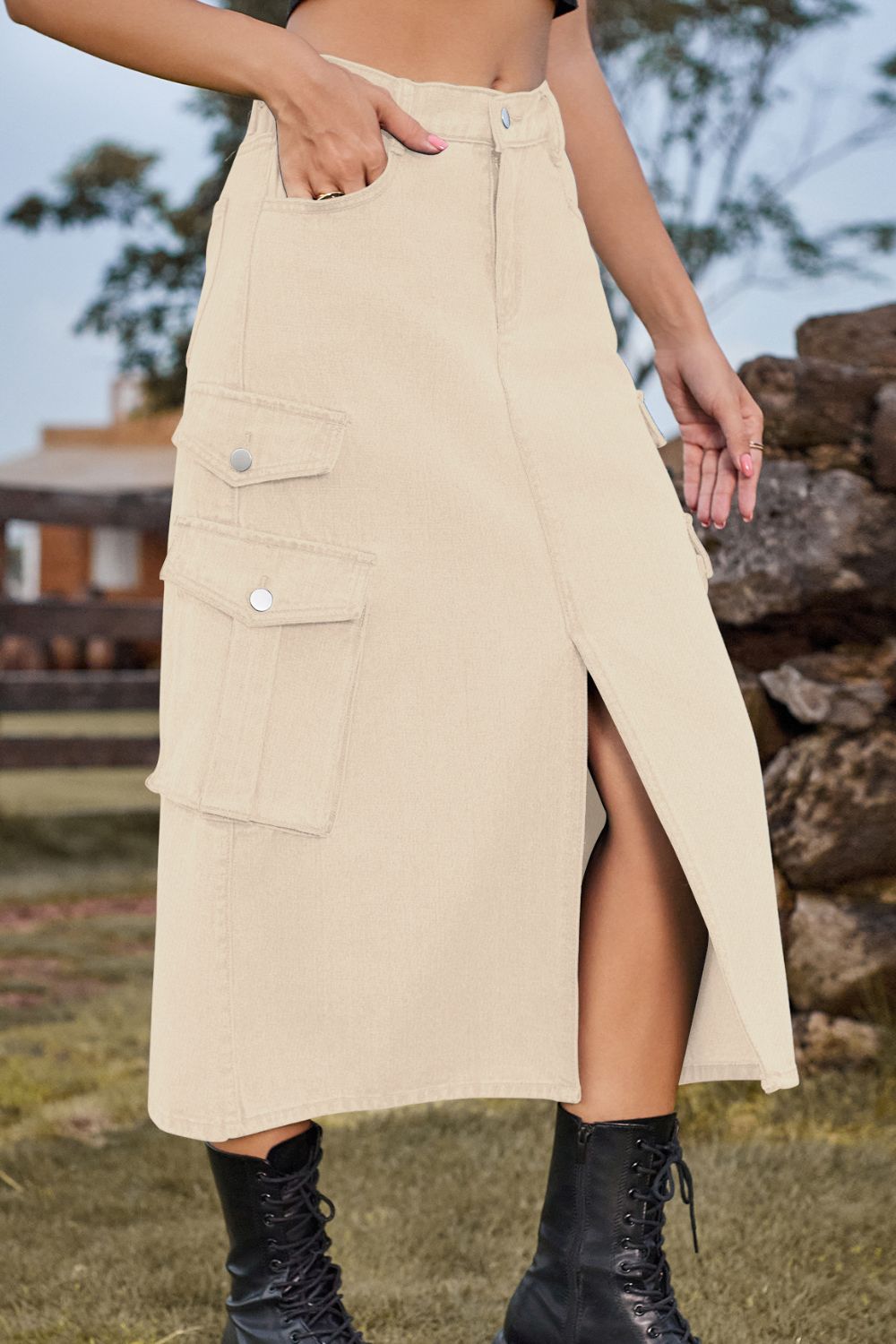 Slit Front Midi Denim Skirt Pockets (6)