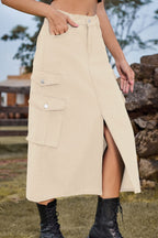 Slit Front Midi Denim Skirt Pockets (6)