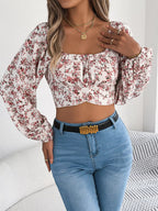 Floral Balloon Sleeve Square Neck Crop Blouse (4)