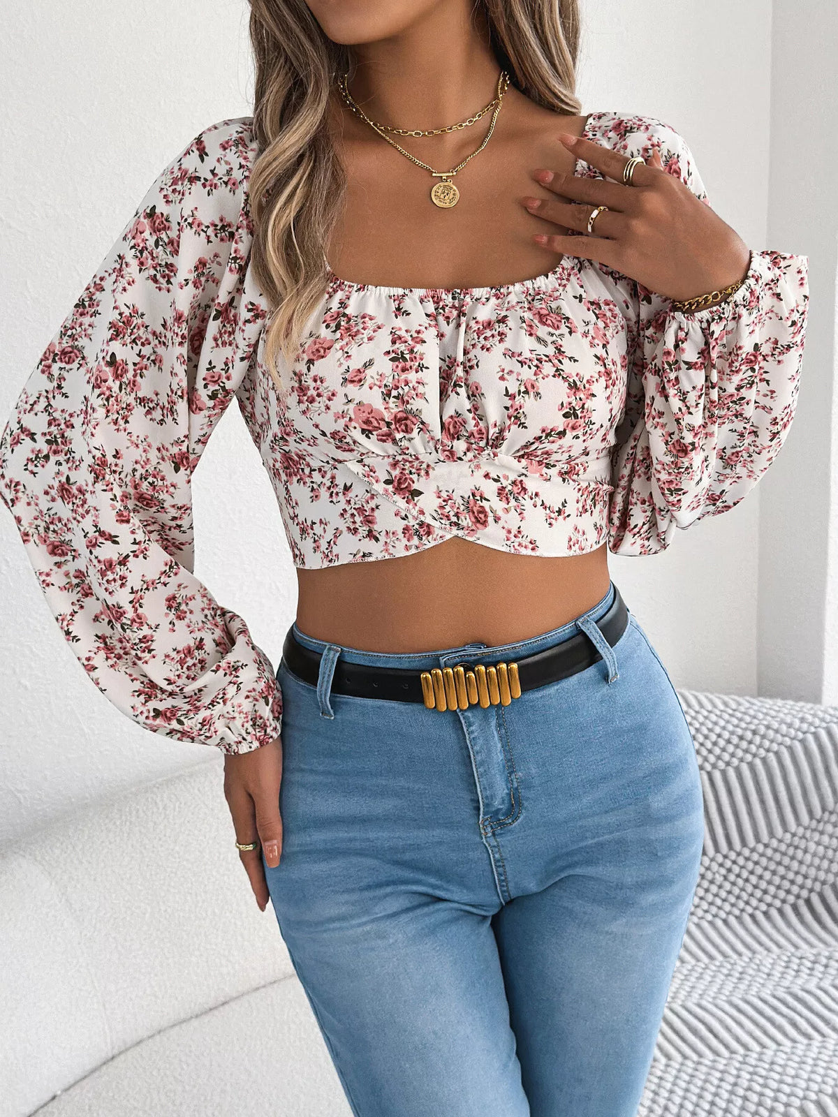 Floral Balloon Sleeve Square Neck Crop Blouse (4)