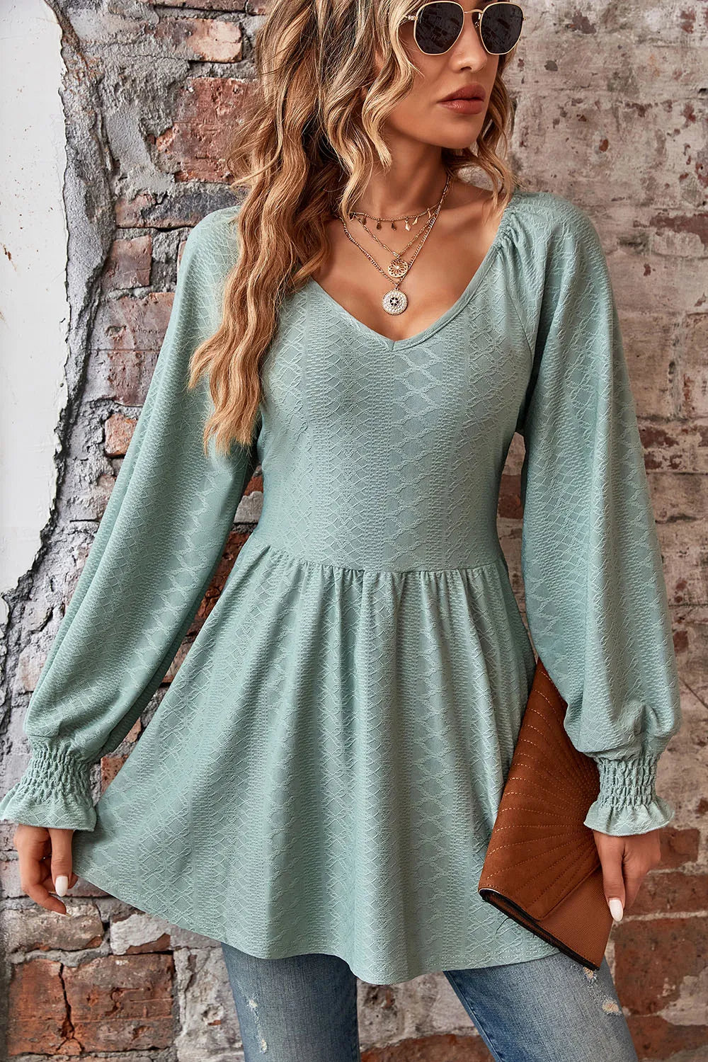 Peplum V-neck Long Sleeve Blouse (22)