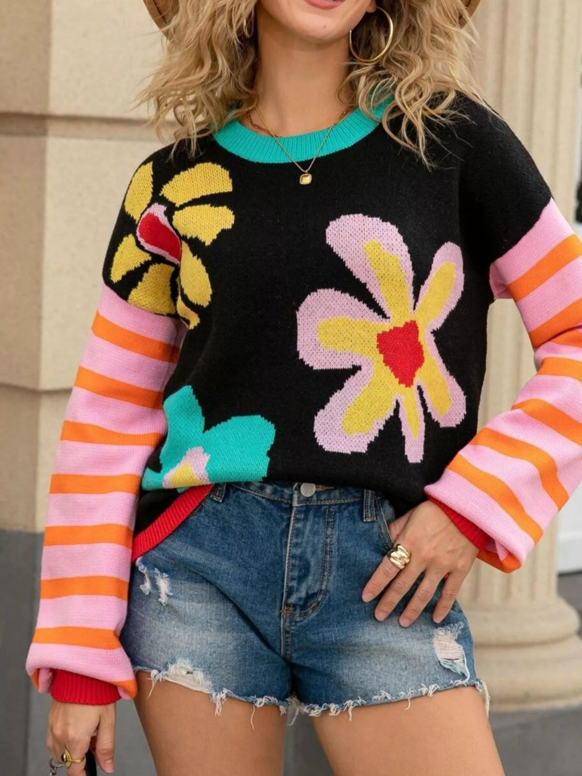 Floral Striped Crew Neck Sweater (11)