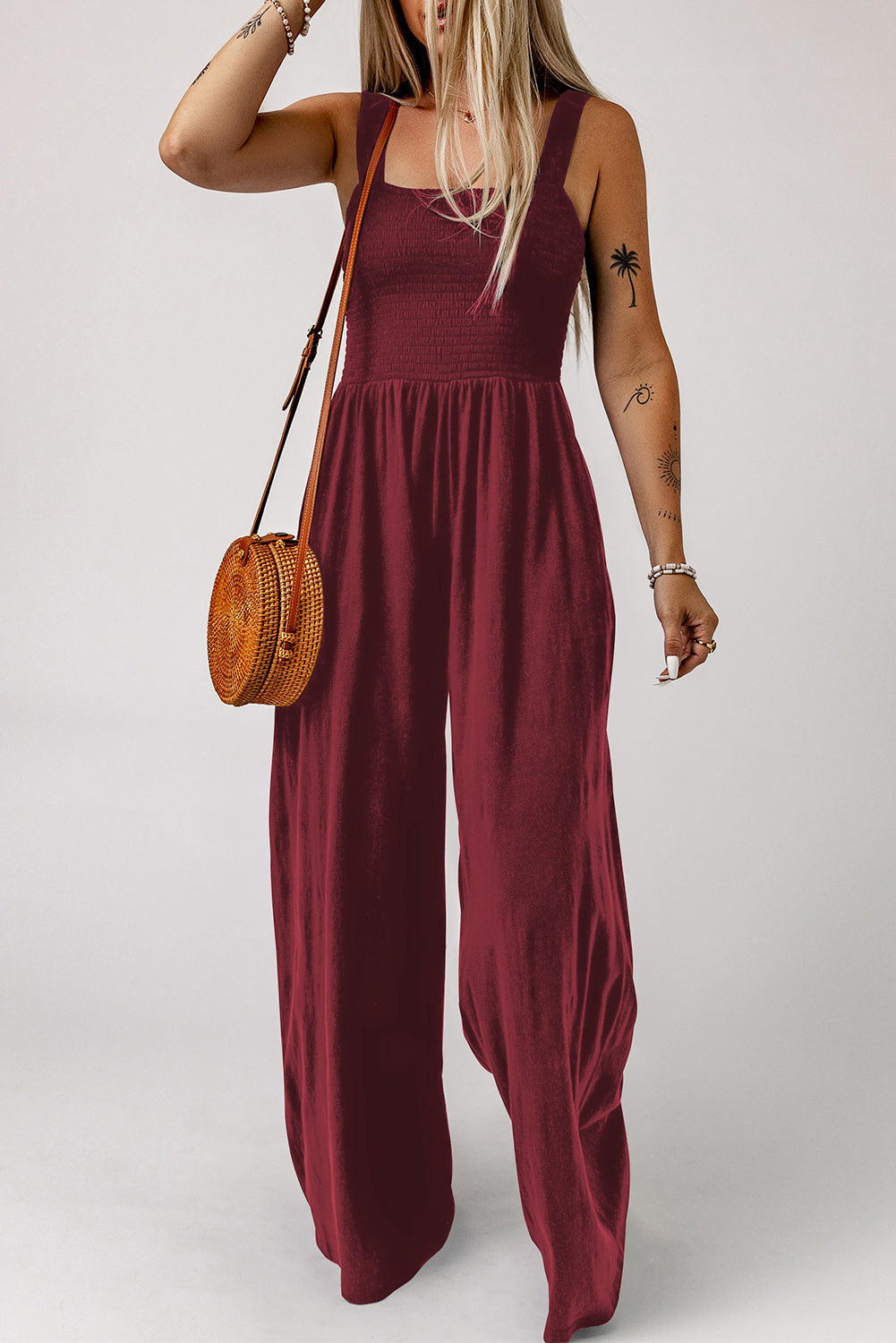 Smocked Square Neck Wide Leg Jumpsuit Pockets (9)
