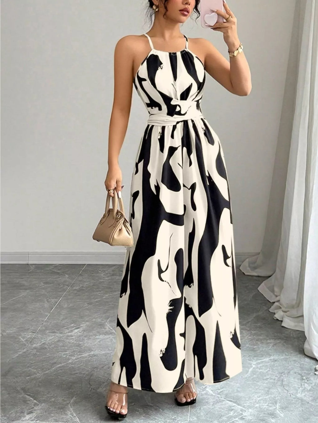 Abstract Print Halter Neck Maxi Dress (5)